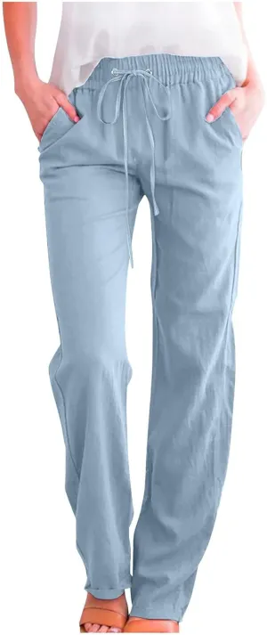 Active Cropped Pants for Womens Solid Drawstring Linen Casual Trousers Slim Fit Pocket Pants Straight Leg Trousers