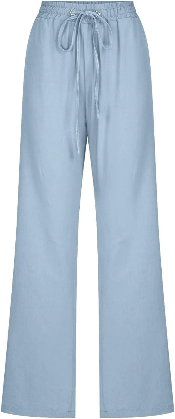 Active Cropped Pants for Womens Solid Drawstring Linen Casual Trousers Slim Fit Pocket Pants Straight Leg Trousers