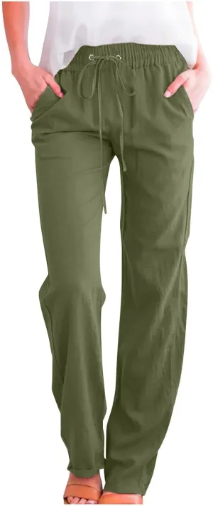 Active Cropped Pants for Womens Solid Drawstring Linen Casual Trousers Slim Fit Pocket Pants Straight Leg Trousers