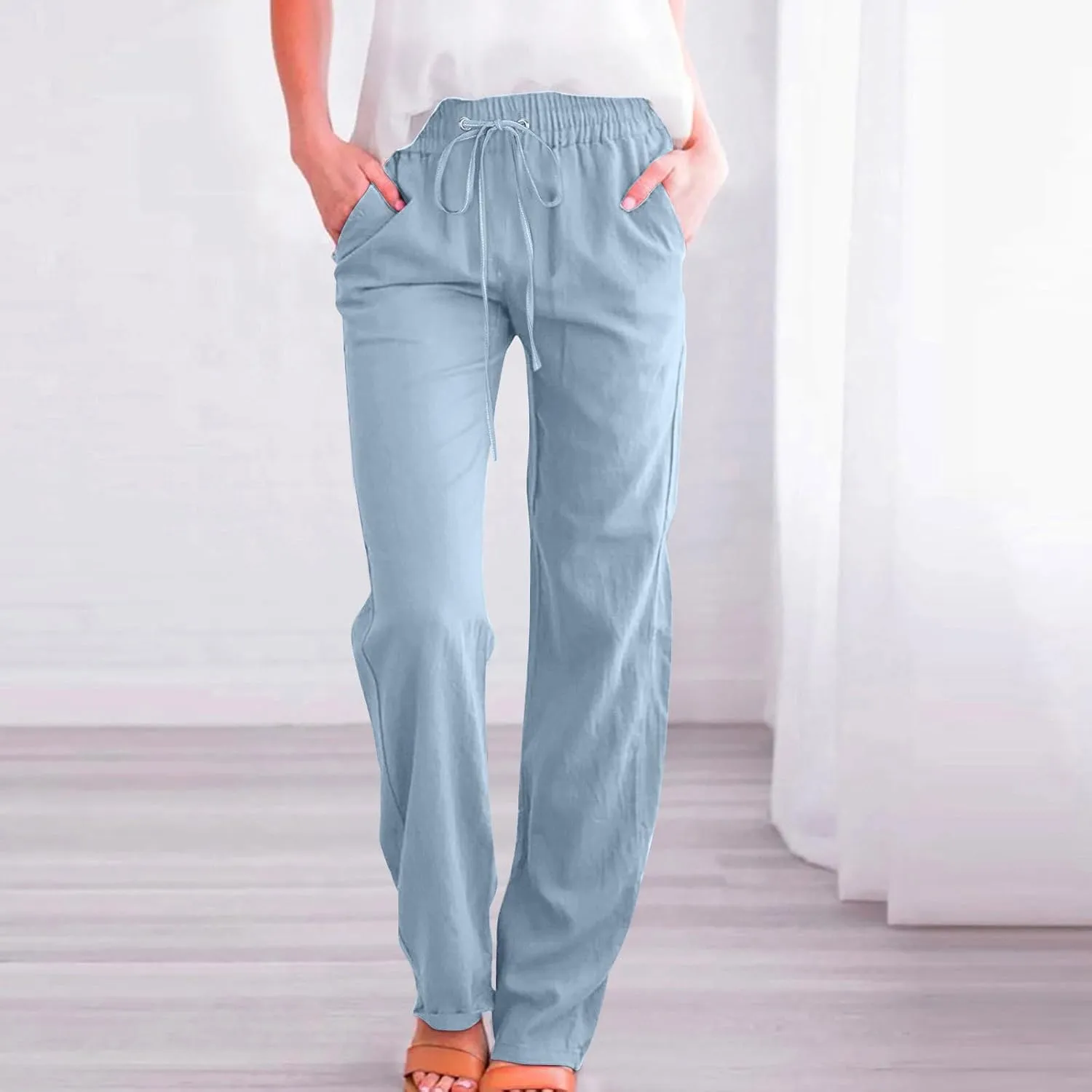 Active Cropped Pants for Womens Solid Drawstring Linen Casual Trousers Slim Fit Pocket Pants Straight Leg Trousers