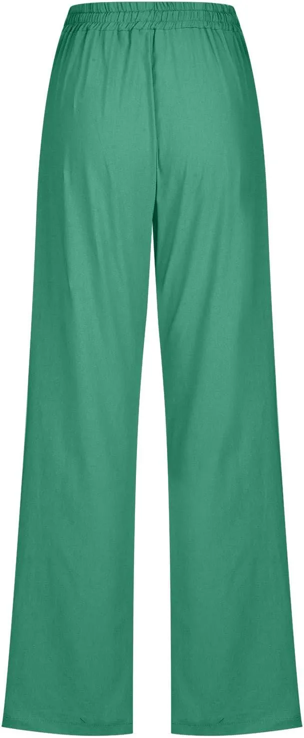 Active Cropped Pants for Womens Solid Drawstring Linen Casual Trousers Slim Fit Pocket Pants Straight Leg Trousers