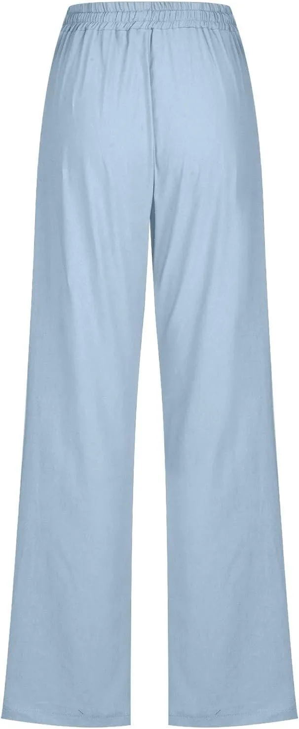 Active Cropped Pants for Womens Solid Drawstring Linen Casual Trousers Slim Fit Pocket Pants Straight Leg Trousers