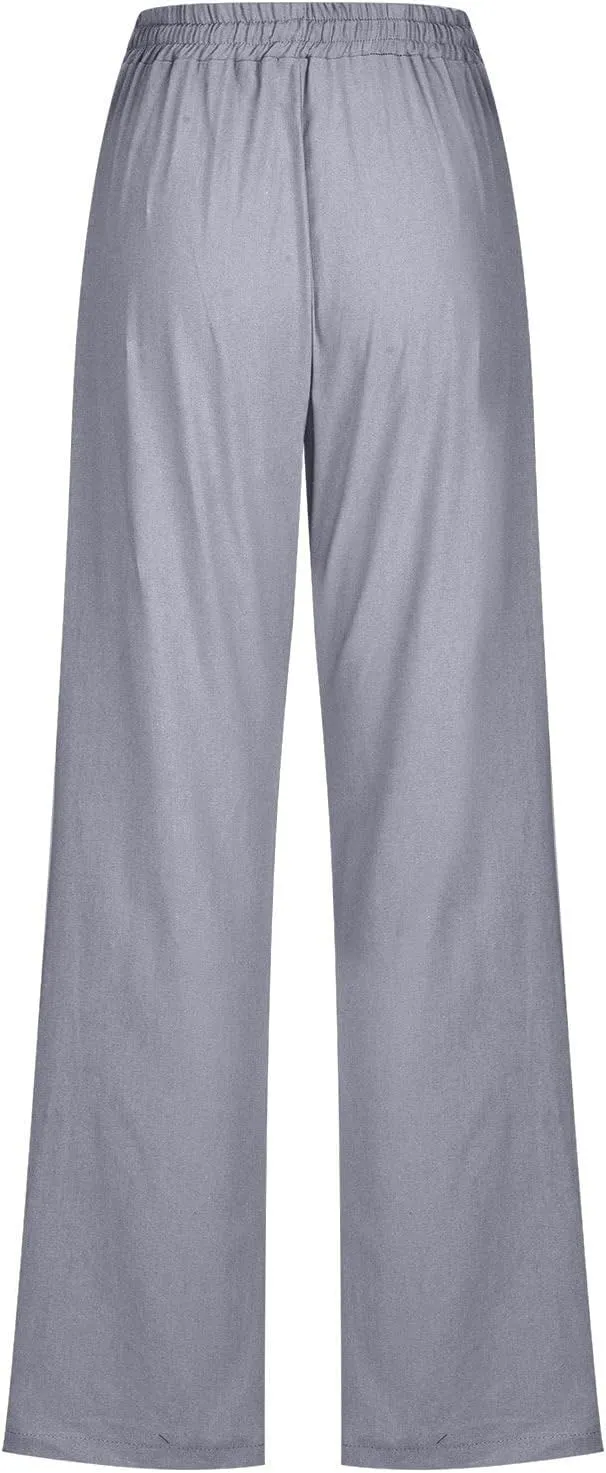 Active Cropped Pants for Womens Solid Drawstring Linen Casual Trousers Slim Fit Pocket Pants Straight Leg Trousers