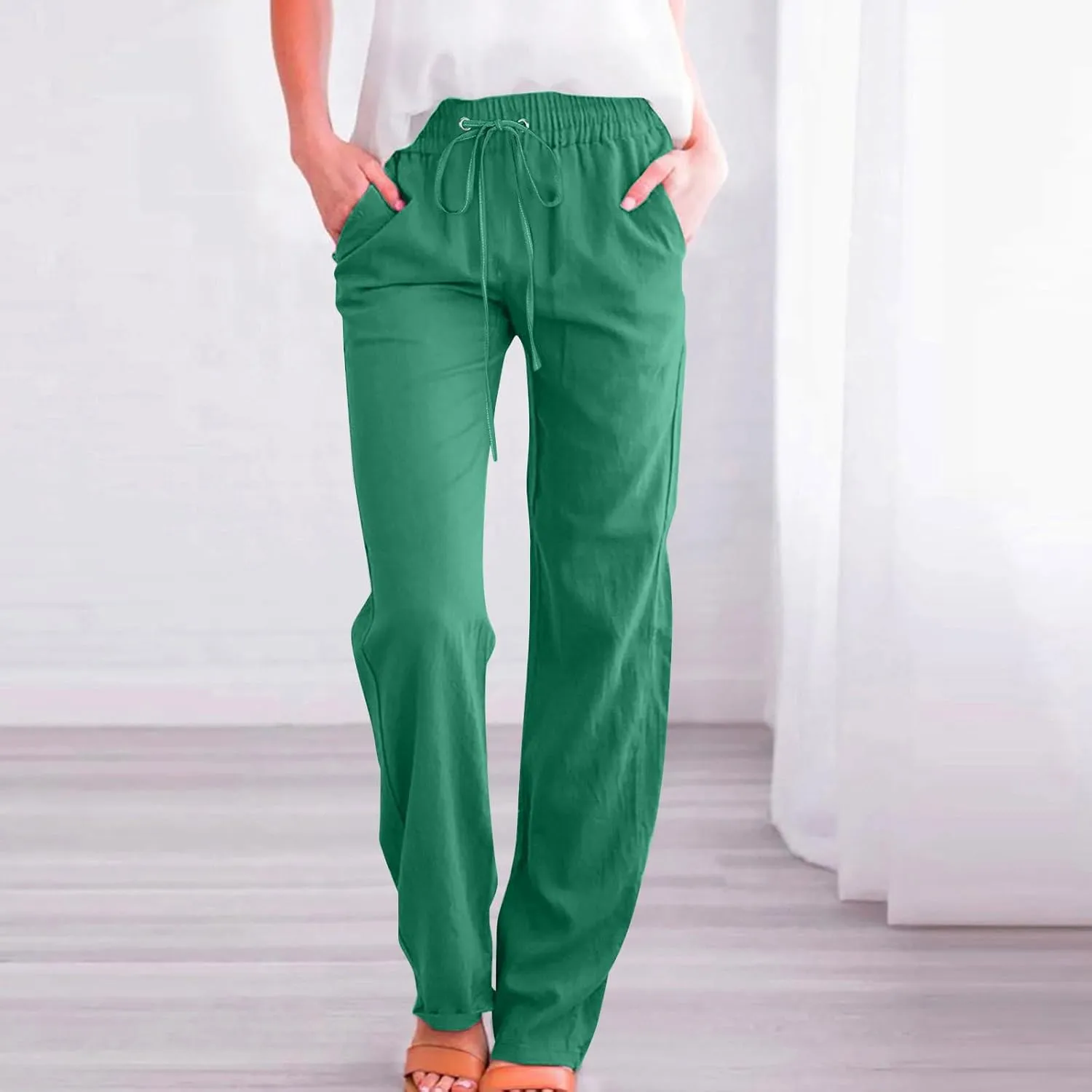 Active Cropped Pants for Womens Solid Drawstring Linen Casual Trousers Slim Fit Pocket Pants Straight Leg Trousers