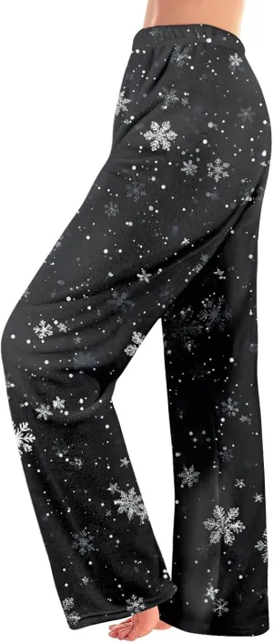 ADHOWBEW Winter Pajamas for Women 2024 Christmas Flannel Pjs Wide Leg Bottoms Casual Fuzzy Pants
