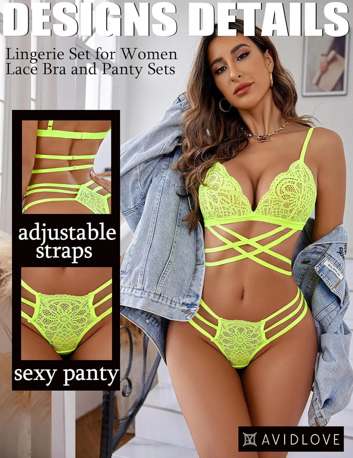 ADOME Women Lace Lingerie Set 2 Pieces Bralette Bra and Panty Strappy Lingerie Set Mesh Underwear Negligee