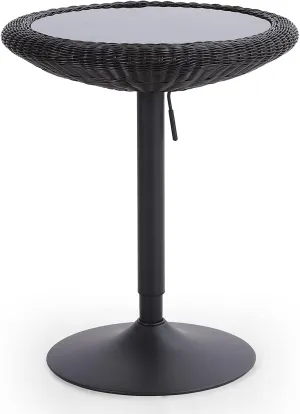 ALPHA HOME Bar Table Woven Rattan Height Pub Table Glass Desktop Round Wicker Adjustable Top Sturdy Metal Frame Balcony Table.