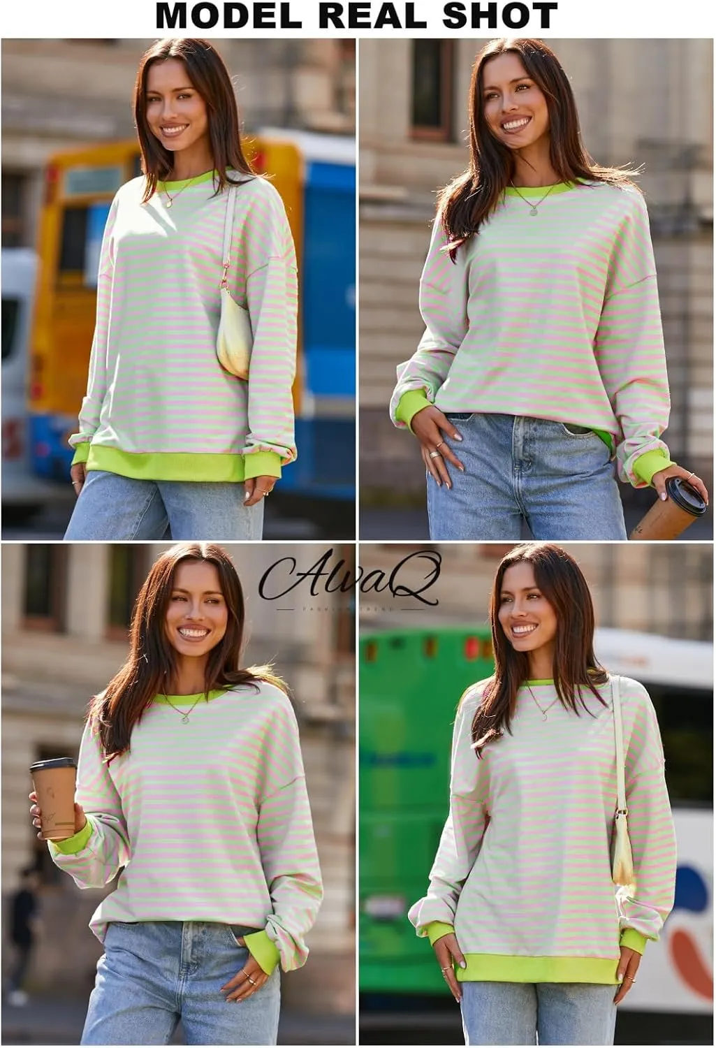 AlvaQ Womens Oversized Sweatshirt 2024 Casual Crewneck Long Sleeve Colorblock Striped Pullover Tunic Tops Outfits