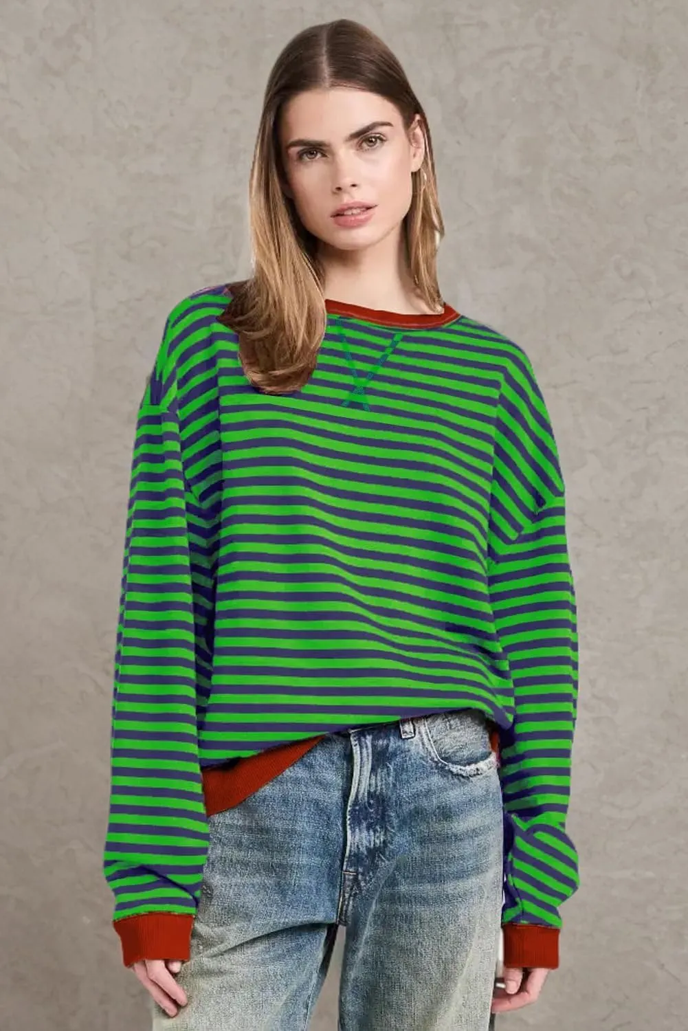 AlvaQ Womens Oversized Sweatshirt 2024 Casual Crewneck Long Sleeve Colorblock Striped Pullover Tunic Tops Outfits