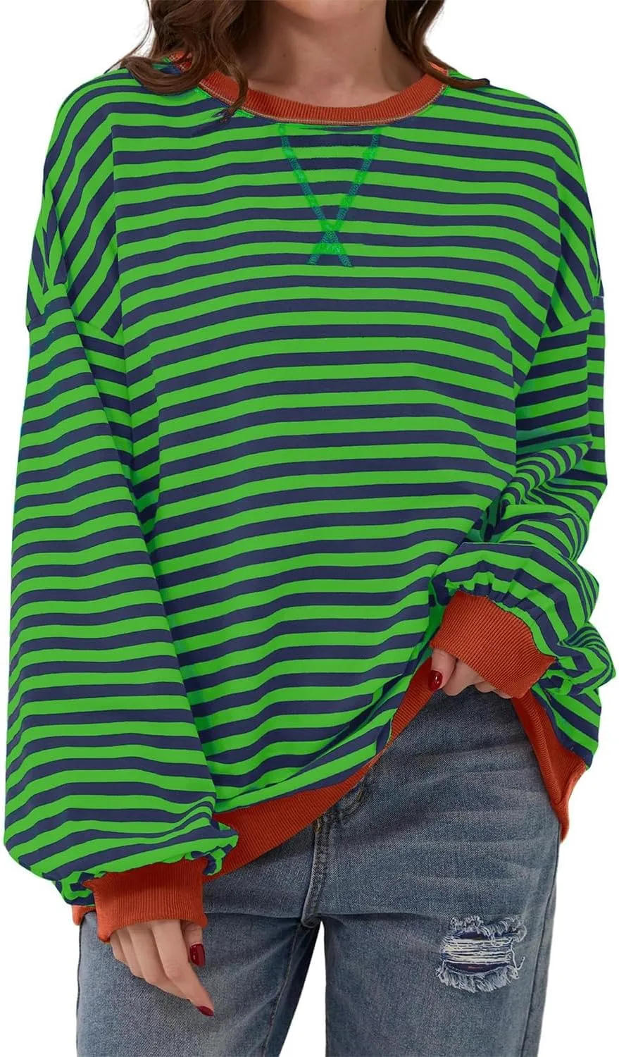 AlvaQ Womens Oversized Sweatshirt 2024 Casual Crewneck Long Sleeve Colorblock Striped Pullover Tunic Tops Outfits