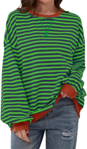 AlvaQ Womens Oversized Sweatshirt 2024 Casual Crewneck Long Sleeve Colorblock Striped Pullover Tunic Tops Outfits