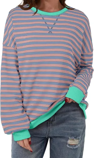 AlvaQ Womens Oversized Sweatshirt 2024 Casual Crewneck Long Sleeve Colorblock Striped Pullover Tunic Tops Outfits