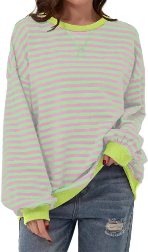 AlvaQ Womens Oversized Sweatshirt 2024 Casual Crewneck Long Sleeve Colorblock Striped Pullover Tunic Tops Outfits