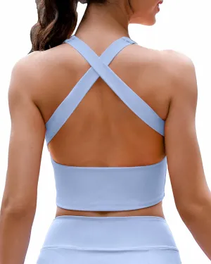 AngiMelo Womens Longline Sports Bra Square Neck Workout Tops Support Crop Tank Strappy Yoga Top Built in Bra Teens