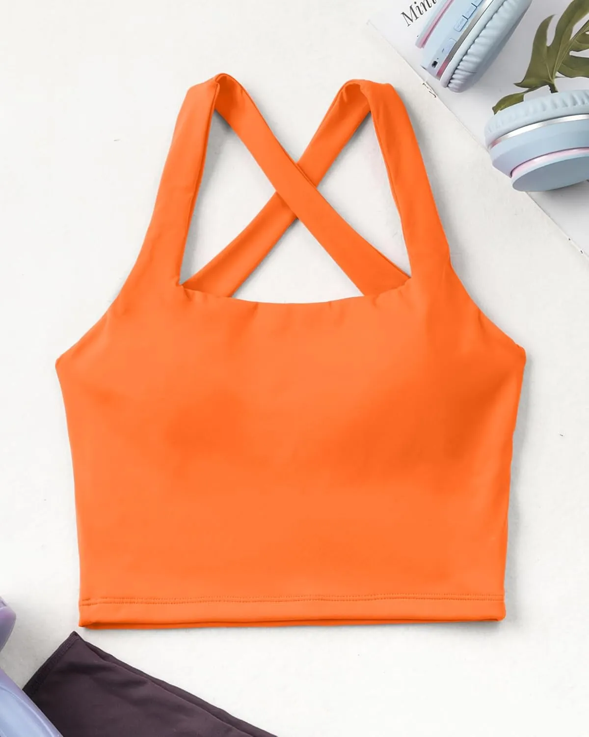AngiMelo Womens Longline Sports Bra Square Neck Workout Tops Support Crop Tank Strappy Yoga Top Built in Bra Teens