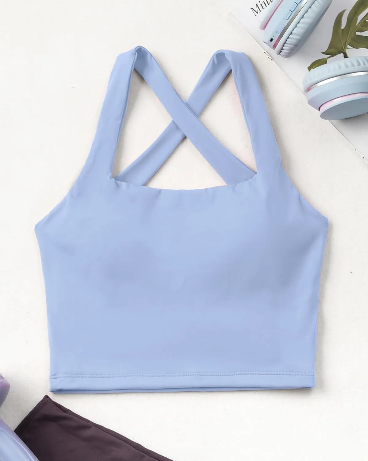 AngiMelo Womens Longline Sports Bra Square Neck Workout Tops Support Crop Tank Strappy Yoga Top Built in Bra Teens