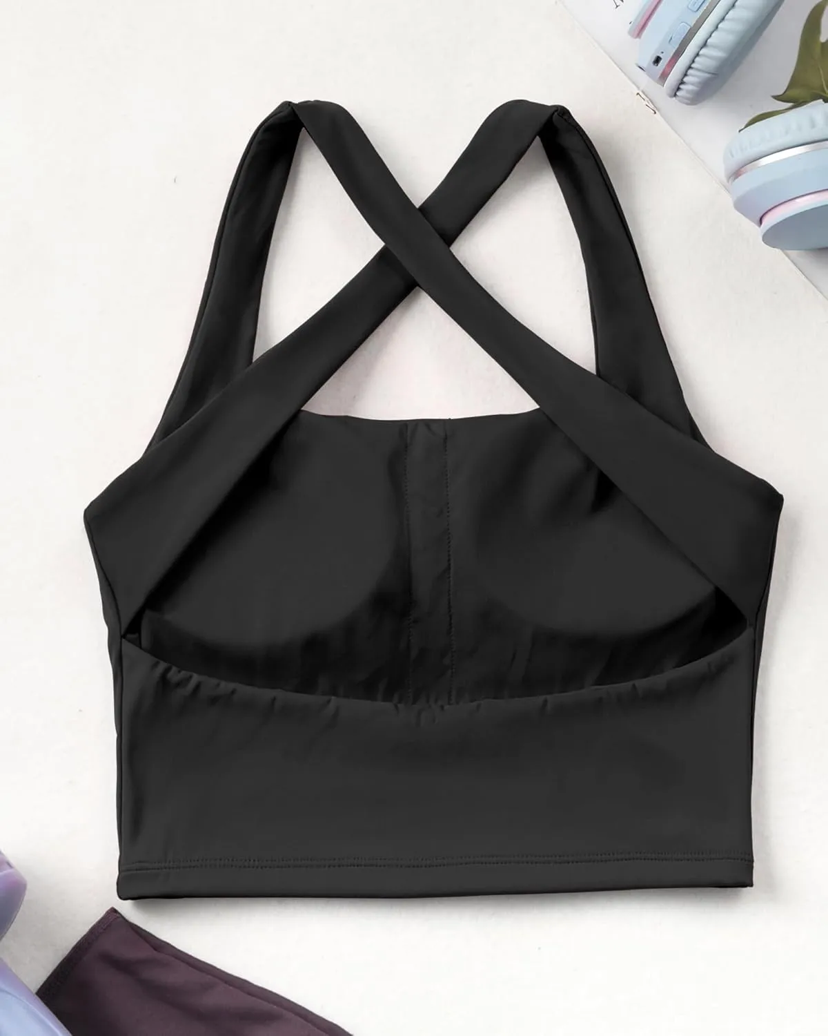 AngiMelo Womens Longline Sports Bra Square Neck Workout Tops Support Crop Tank Strappy Yoga Top Built in Bra Teens
