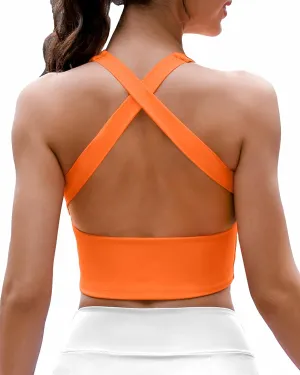 AngiMelo Womens Longline Sports Bra Square Neck Workout Tops Support Crop Tank Strappy Yoga Top Built in Bra Teens