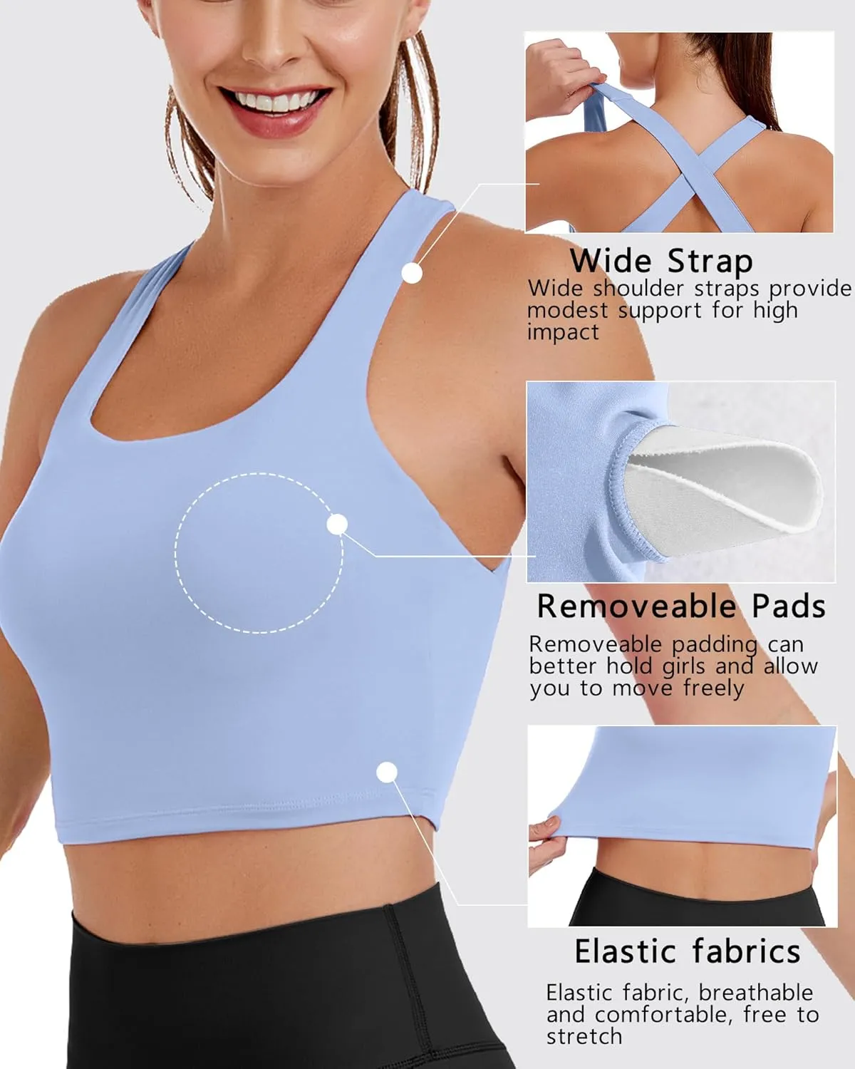 AngiMelo Womens Longline Sports Bra Square Neck Workout Tops Support Crop Tank Strappy Yoga Top Built in Bra Teens