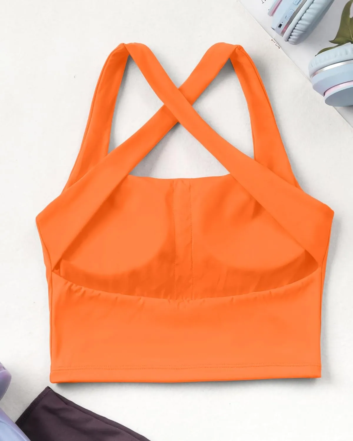 AngiMelo Womens Longline Sports Bra Square Neck Workout Tops Support Crop Tank Strappy Yoga Top Built in Bra Teens