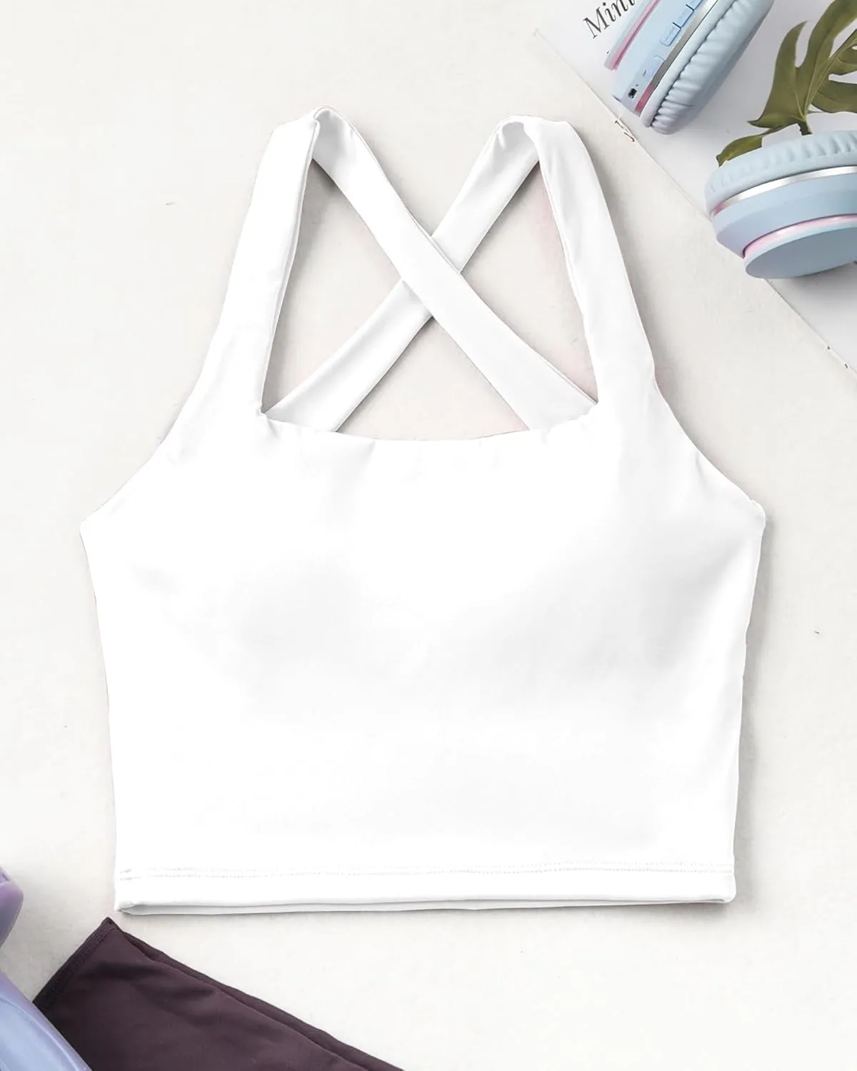 AngiMelo Womens Longline Sports Bra Square Neck Workout Tops Support Crop Tank Strappy Yoga Top Built in Bra Teens