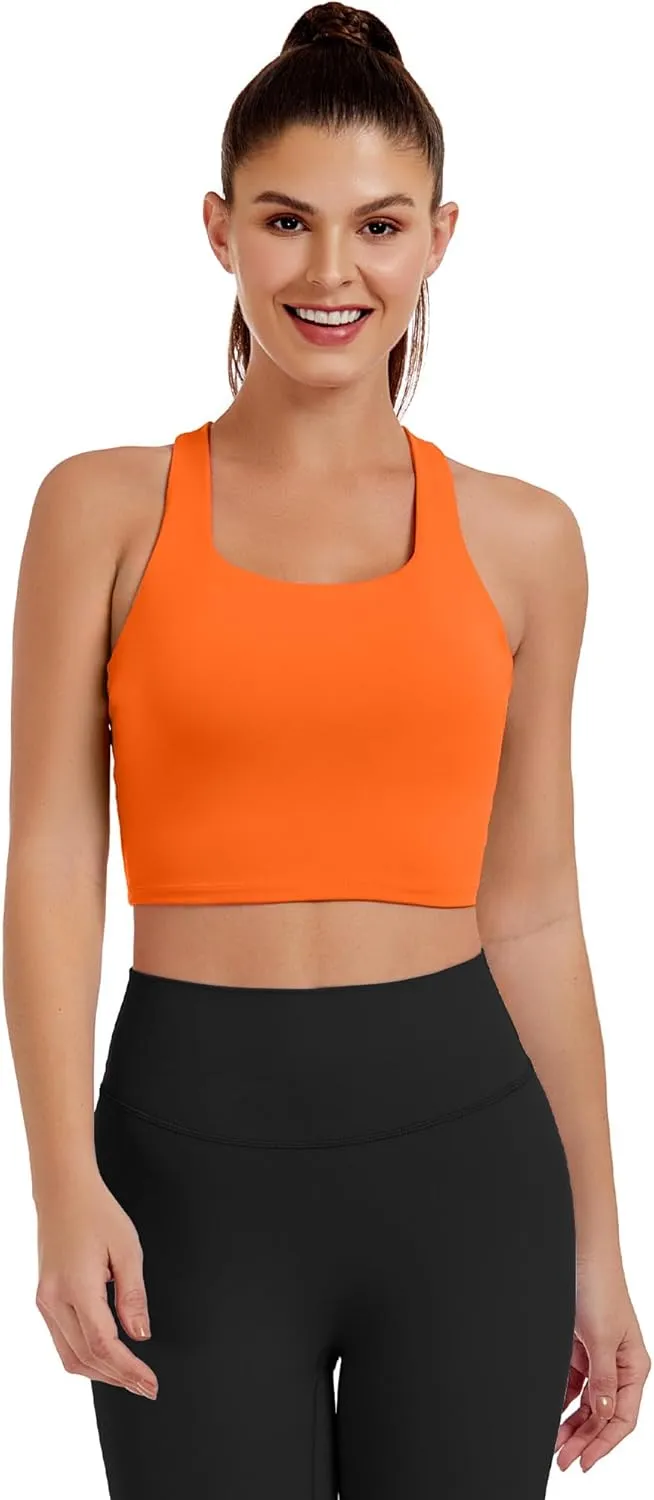 AngiMelo Womens Longline Sports Bra Square Neck Workout Tops Support Crop Tank Strappy Yoga Top Built in Bra Teens