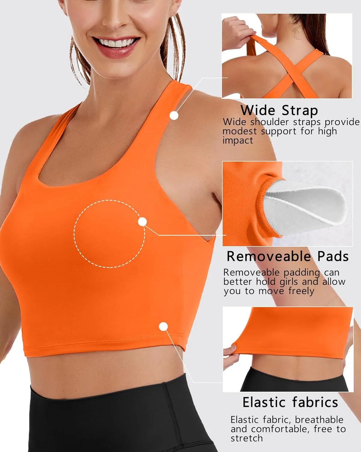 AngiMelo Womens Longline Sports Bra Square Neck Workout Tops Support Crop Tank Strappy Yoga Top Built in Bra Teens