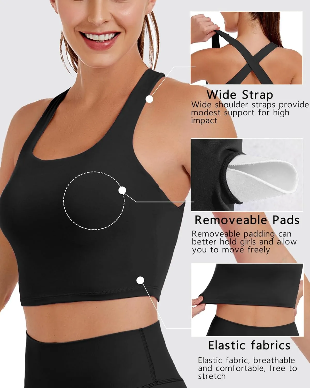 AngiMelo Womens Longline Sports Bra Square Neck Workout Tops Support Crop Tank Strappy Yoga Top Built in Bra Teens