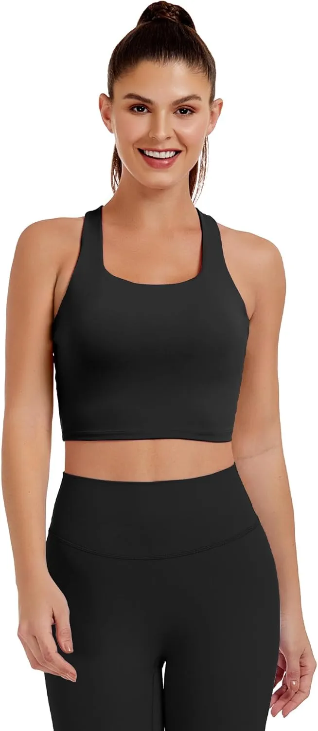 AngiMelo Womens Longline Sports Bra Square Neck Workout Tops Support Crop Tank Strappy Yoga Top Built in Bra Teens