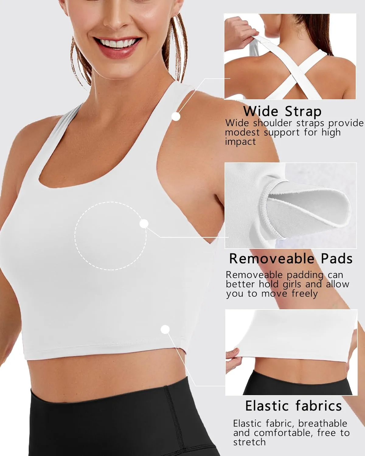 AngiMelo Womens Longline Sports Bra Square Neck Workout Tops Support Crop Tank Strappy Yoga Top Built in Bra Teens