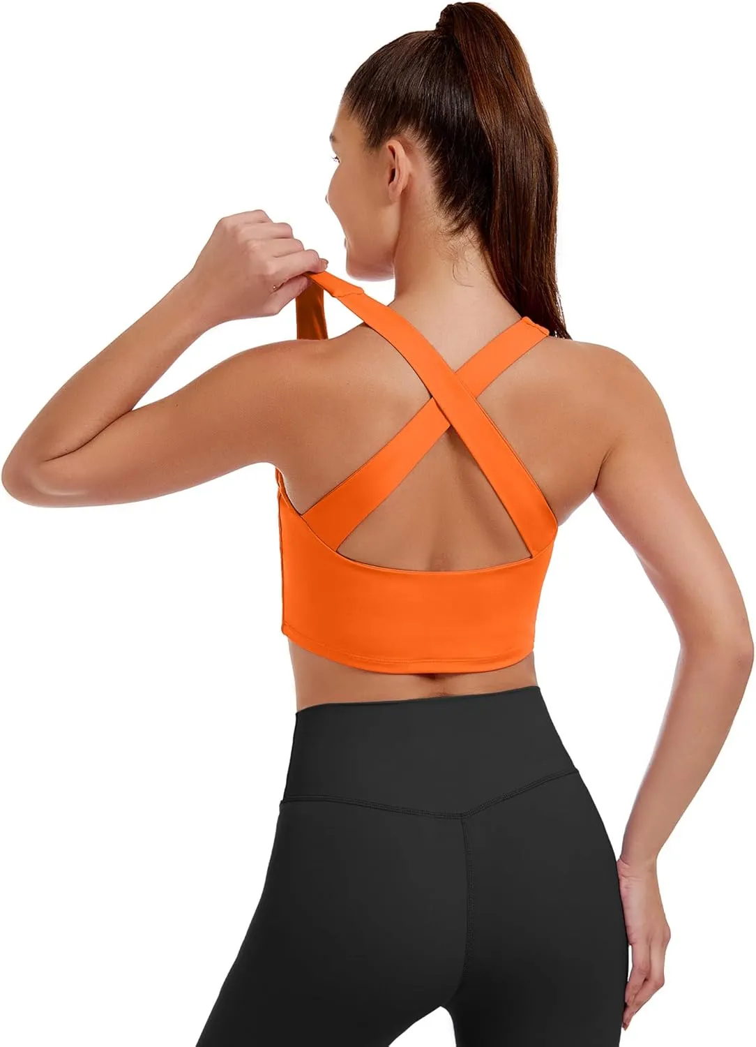 AngiMelo Womens Longline Sports Bra Square Neck Workout Tops Support Crop Tank Strappy Yoga Top Built in Bra Teens