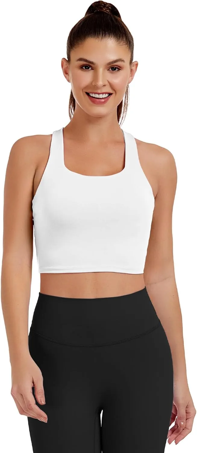 AngiMelo Womens Longline Sports Bra Square Neck Workout Tops Support Crop Tank Strappy Yoga Top Built in Bra Teens