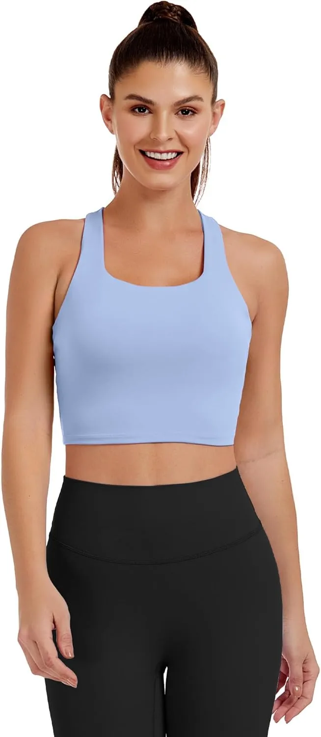 AngiMelo Womens Longline Sports Bra Square Neck Workout Tops Support Crop Tank Strappy Yoga Top Built in Bra Teens