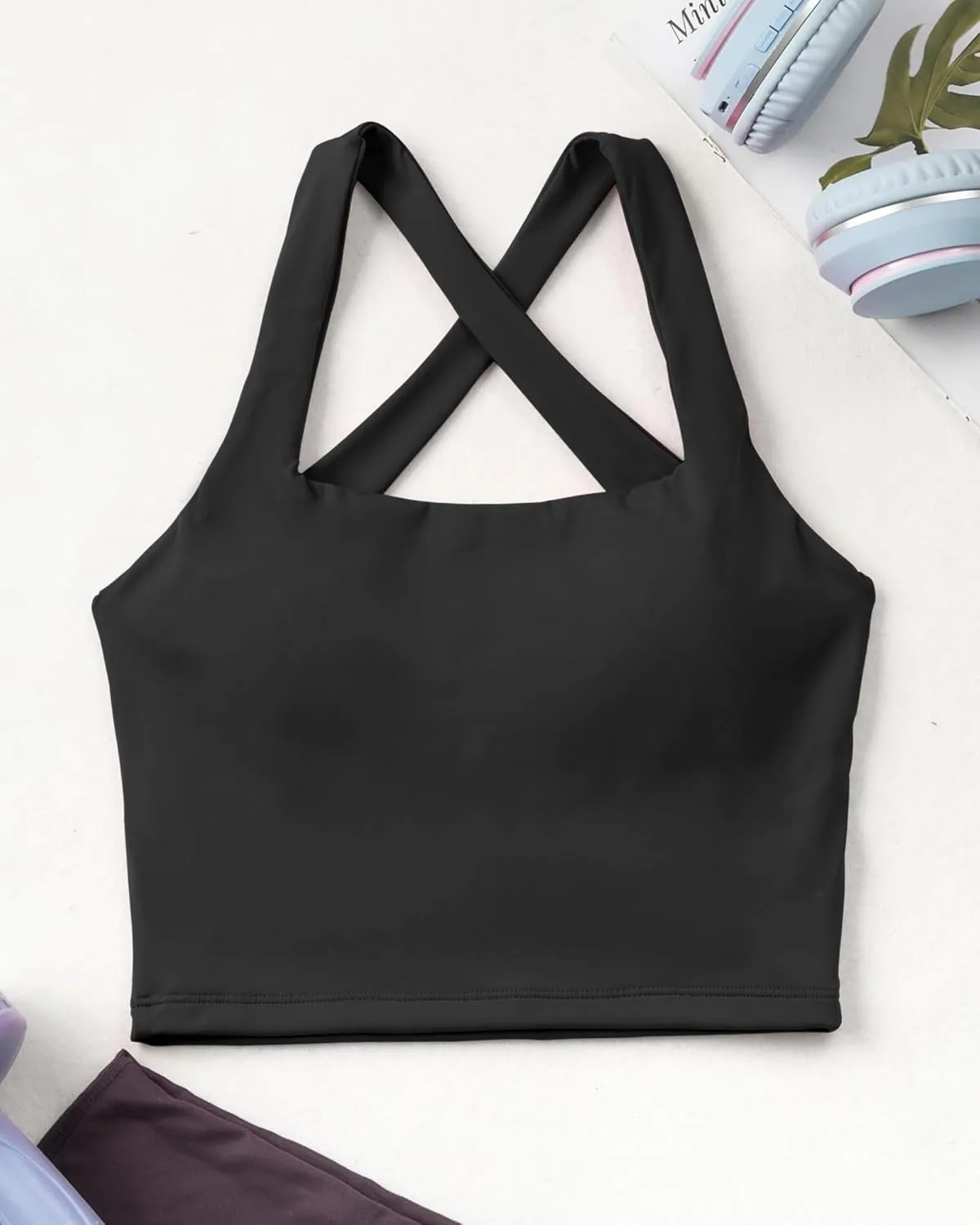 AngiMelo Womens Longline Sports Bra Square Neck Workout Tops Support Crop Tank Strappy Yoga Top Built in Bra Teens