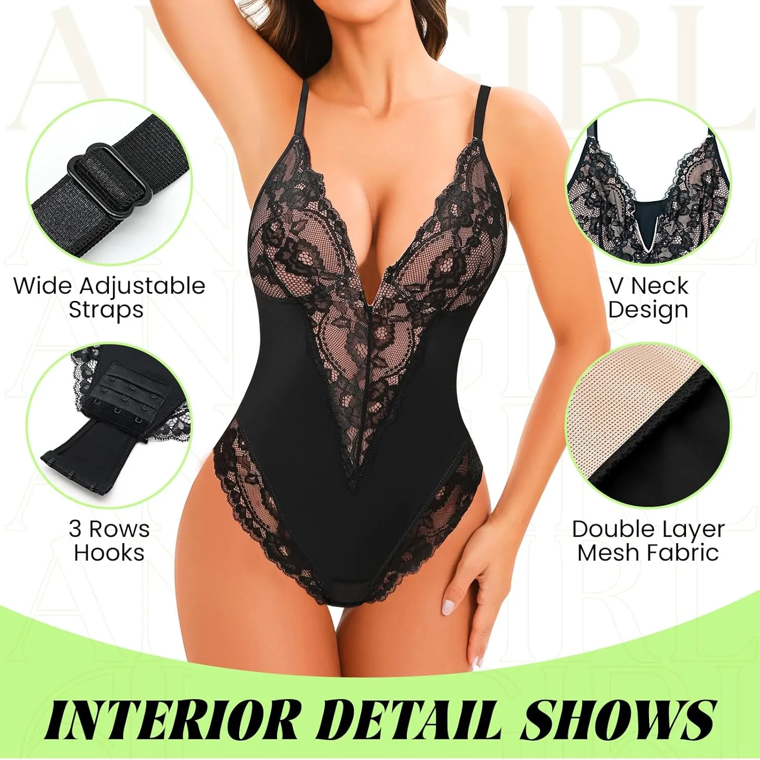 Anygirl Lace Shapewear Bodysuit for Women Tummy Control Full Body Shaperwear V-Neck Sculpting Bodysuit Top Lace Briefer