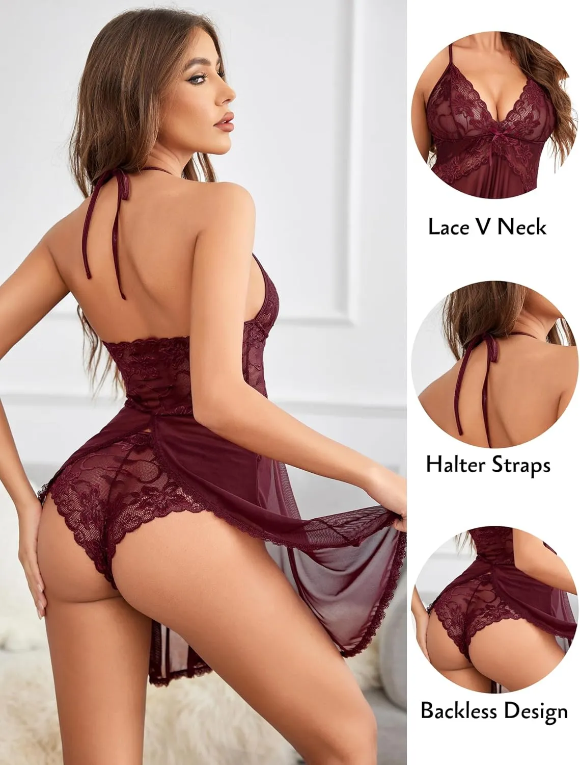Avidlove Lingerie for Women Lace Babydoll Halter Chemise V Neck Nightgown Sexy Sleepwear Nightdress