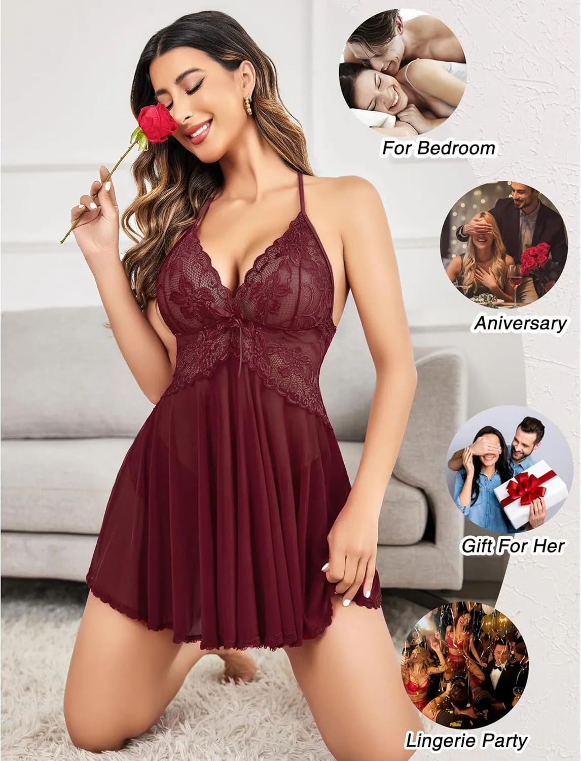 Avidlove Lingerie for Women Lace Babydoll Halter Chemise V Neck Nightgown Sexy Sleepwear Nightdress