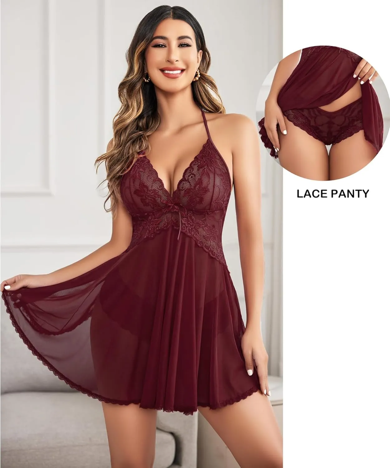 Avidlove Lingerie for Women Lace Babydoll Halter Chemise V Neck Nightgown Sexy Sleepwear Nightdress