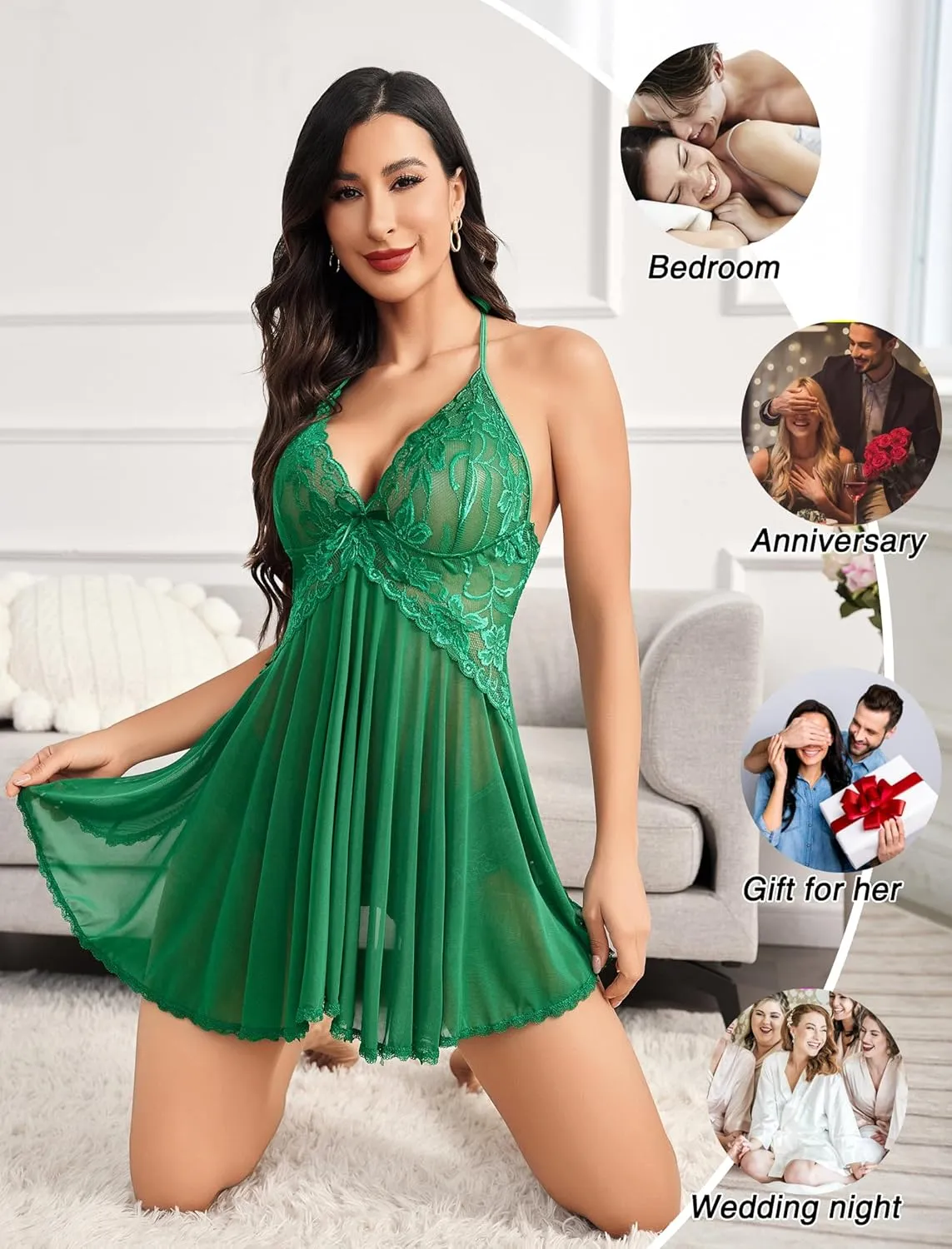 Avidlove Lingerie for Women Lace Babydoll Halter Chemise V Neck Nightgown Sexy Sleepwear Nightdress