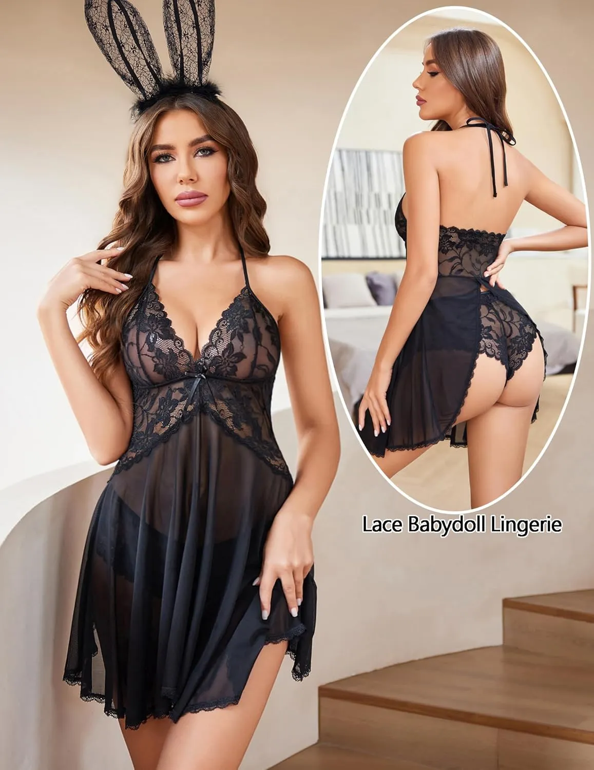 Avidlove Lingerie for Women Lace Babydoll Halter Chemise V Neck Nightgown Sexy Sleepwear Nightdress
