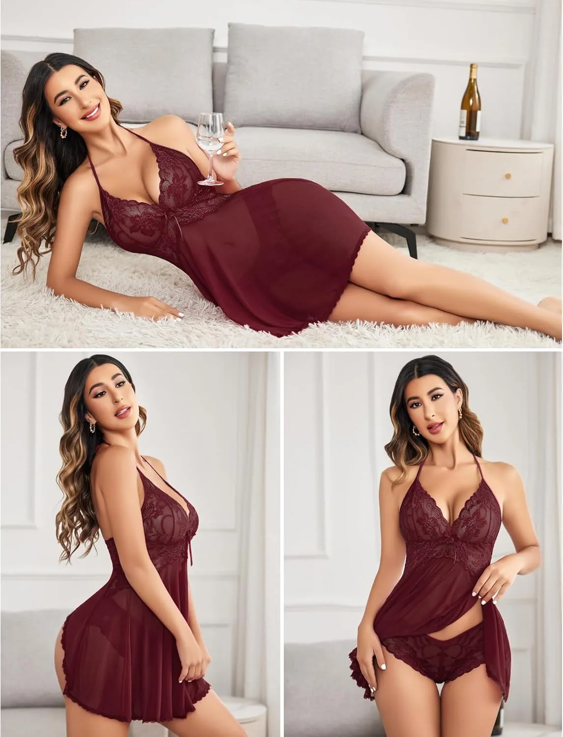 Avidlove Lingerie for Women Lace Babydoll Halter Chemise V Neck Nightgown Sexy Sleepwear Nightdress