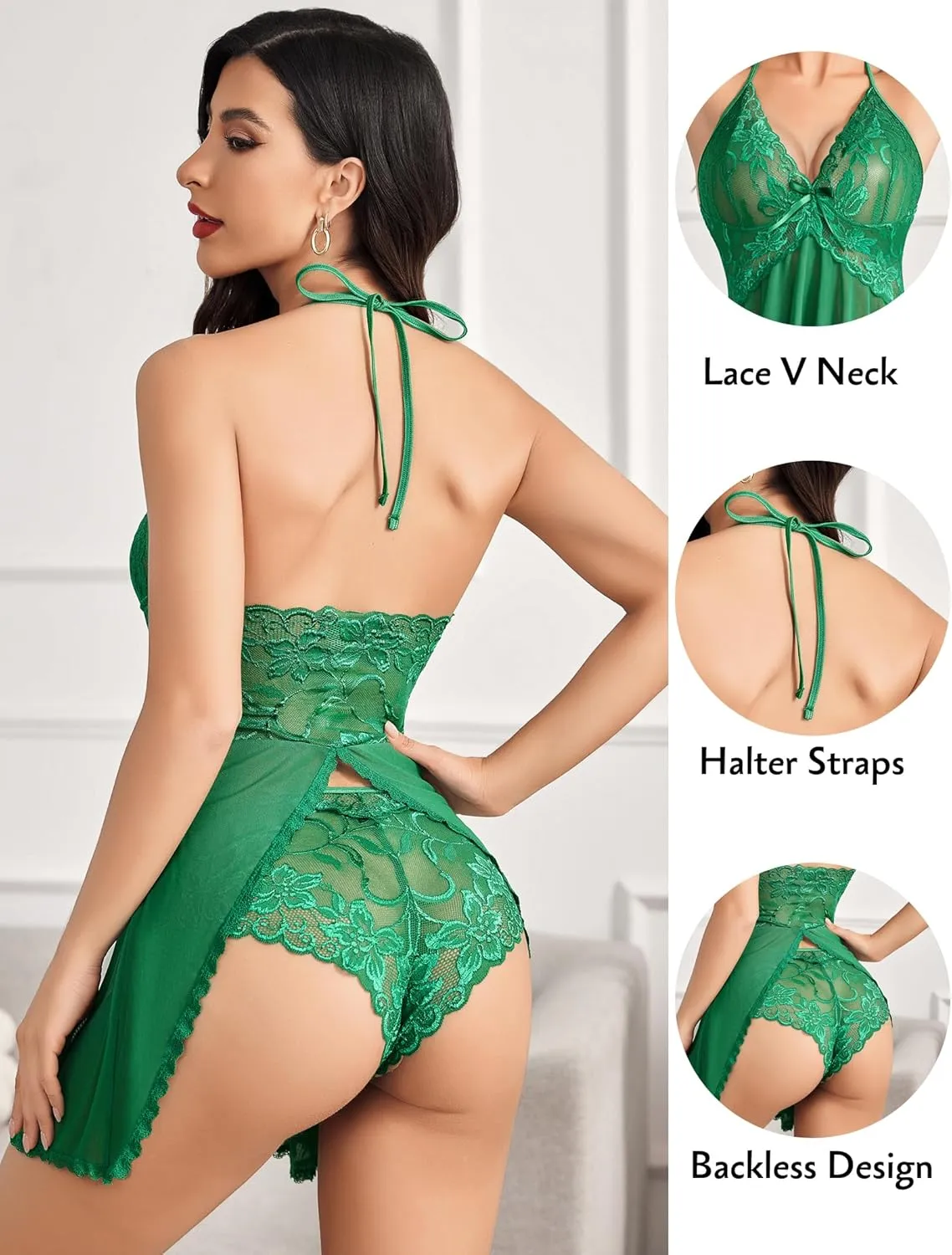 Avidlove Lingerie for Women Lace Babydoll Halter Chemise V Neck Nightgown Sexy Sleepwear Nightdress