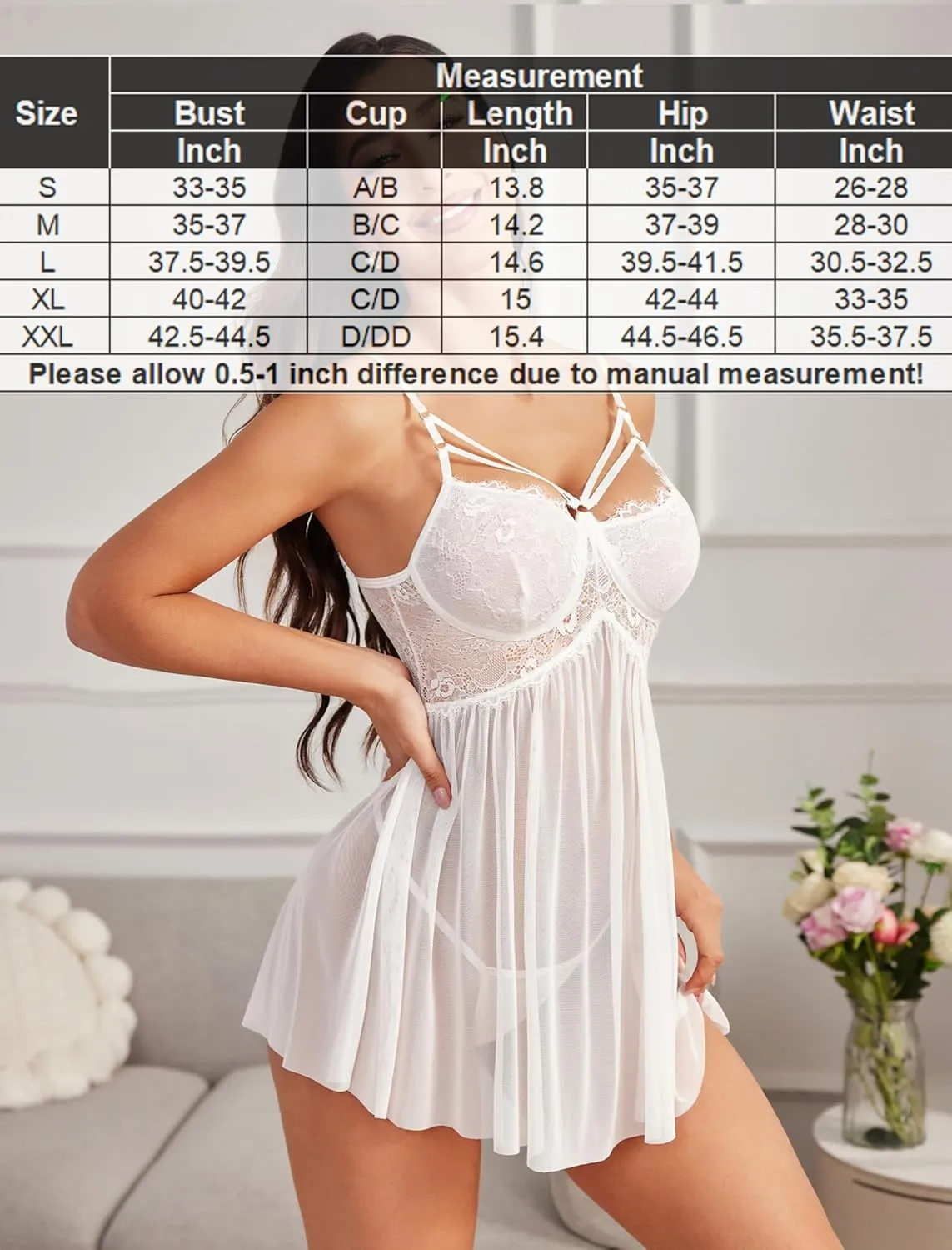 Avidlove Lingerie for Women Mesh Lace Babydoll Wedding Lingeries Deep V Neck Boudoir Outfits Sexy Chemise Nightie