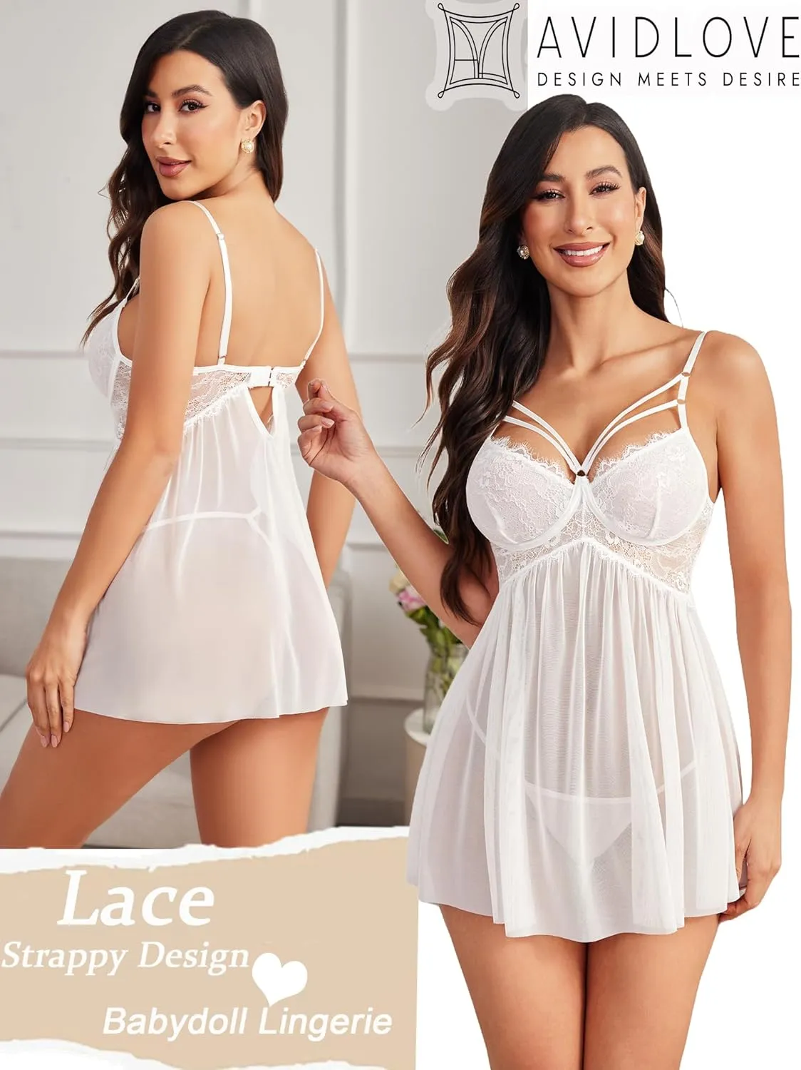 Avidlove Lingerie for Women Mesh Lace Babydoll Wedding Lingeries Deep V Neck Boudoir Outfits Sexy Chemise Nightie