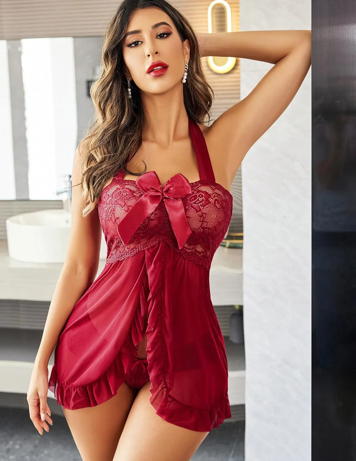 Avidlove Lingerie for Women Sexy Halter Lace Babydoll Dress Open Front Chemise Boudoir Nighty XS-5XL