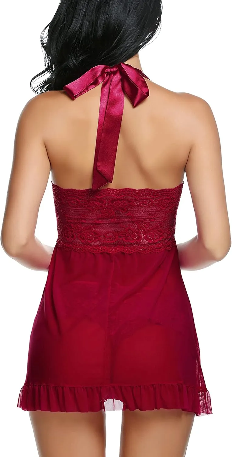 Avidlove Lingerie for Women Sexy Halter Lace Babydoll Dress Open Front Chemise Boudoir Nighty XS-5XL