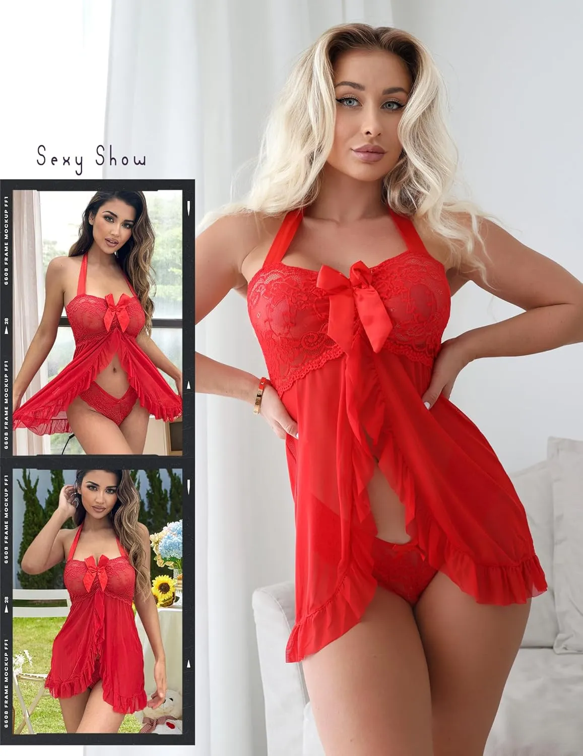 Avidlove Lingerie for Women Sexy Halter Lace Babydoll Dress Open Front Chemise Boudoir Nighty XS-5XL