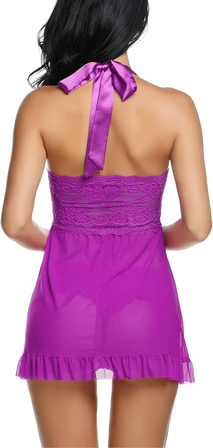 Avidlove Lingerie for Women Sexy Halter Lace Babydoll Dress Open Front Chemise Boudoir Nighty XS-5XL