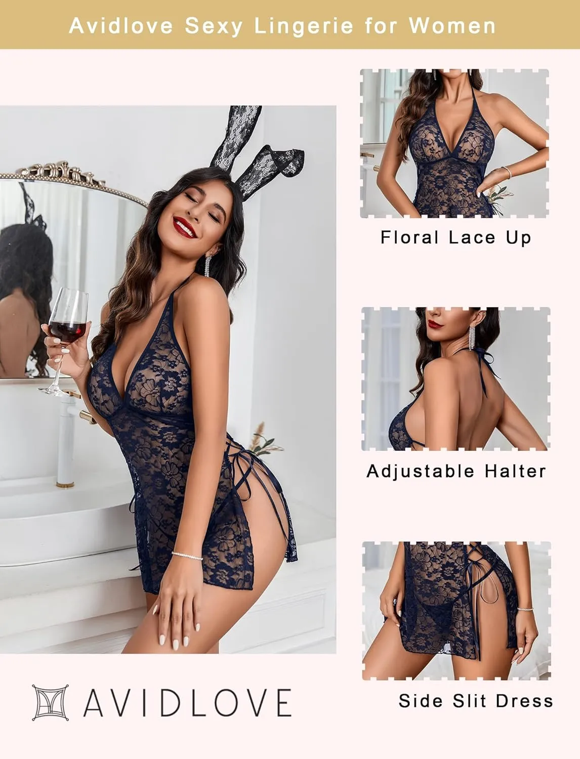 Avidlove Sexy Lingerie for Women Deep V-Neck Lace Babydoll Chemise Sleepwear Side Slit Boudoir Outfits