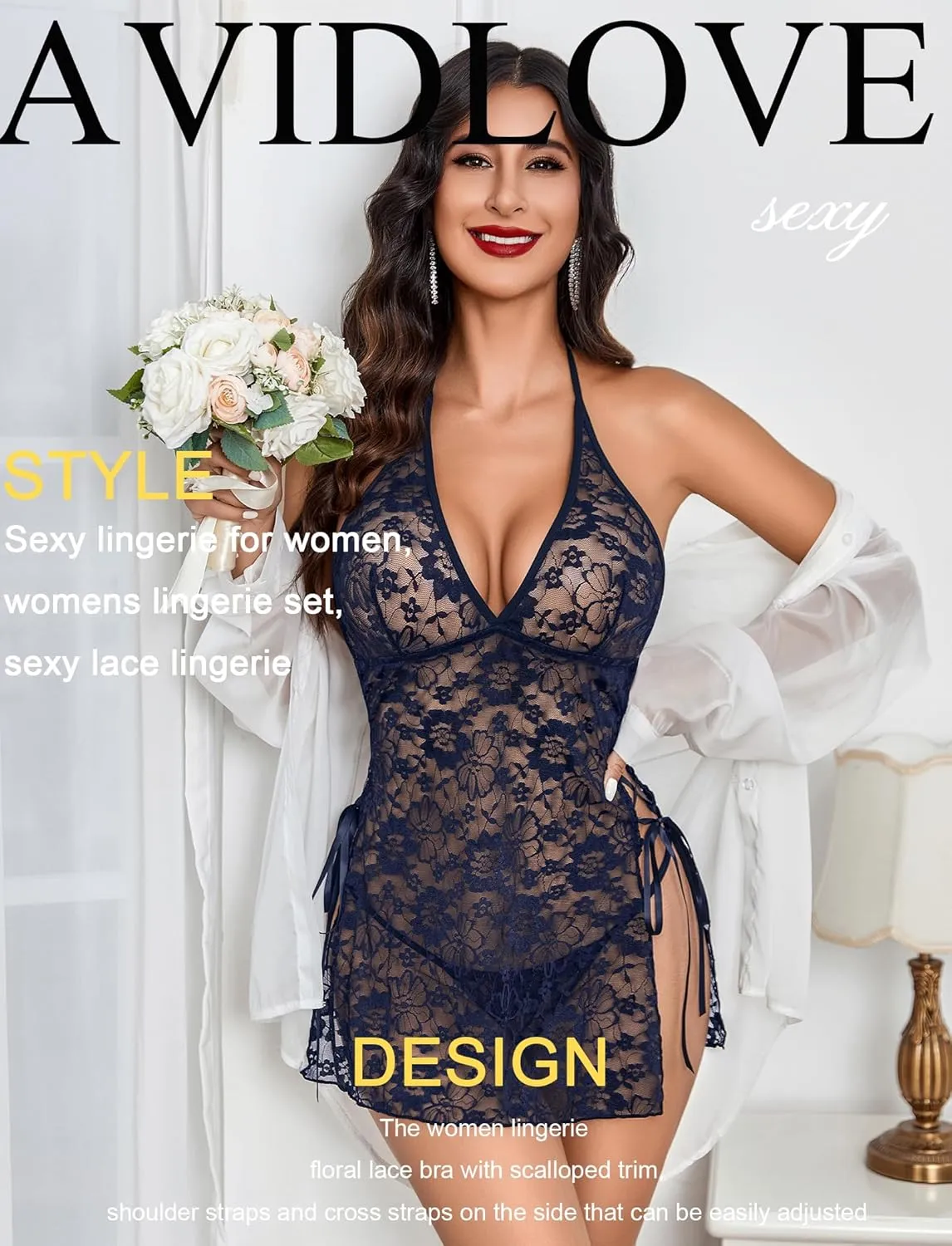 Avidlove Sexy Lingerie for Women Deep V-Neck Lace Babydoll Chemise Sleepwear Side Slit Boudoir Outfits